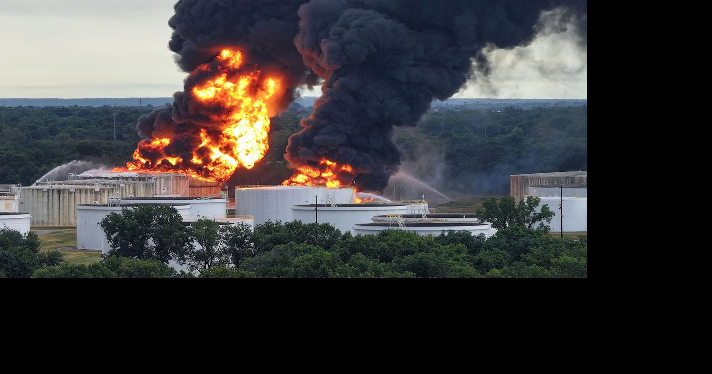 Two views of the fire at Explorer Pipeline in Glenpool