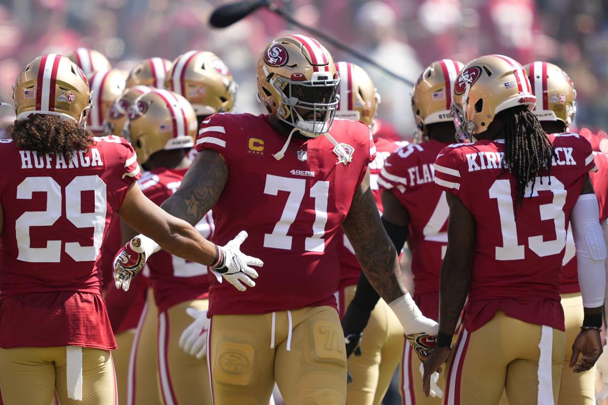 San Francisco 49ers safety Talanoa Hufanga (29) runs onto the field during  an NFL football game against the Arizona Cardinals, Sunday, Jan.8, 2023, in  Santa Clara, Calif. (AP Photo/Scot Tucker Stock Photo 