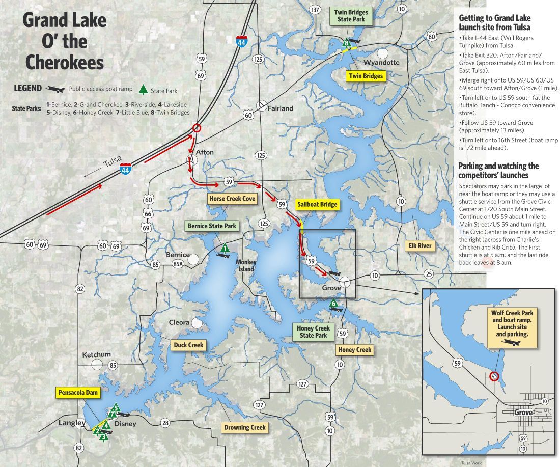 Getting to Grand Lake launch site from Tulsa and parking directions