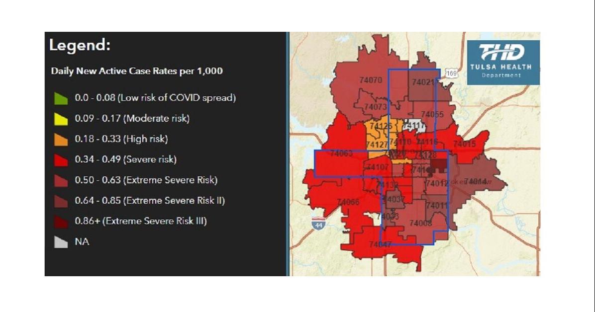 Tulsa County ZIP code map down slightly from record red; OU's COVID