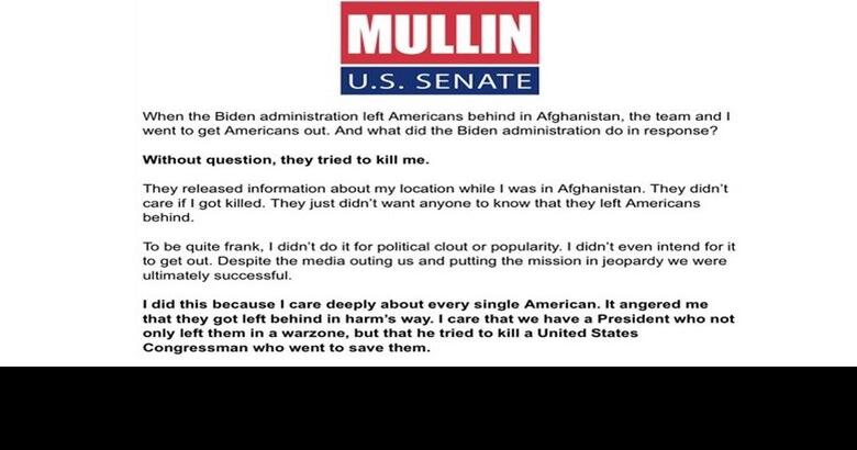 Mullin fundraising letter claims Biden administration 'tried to kill me'