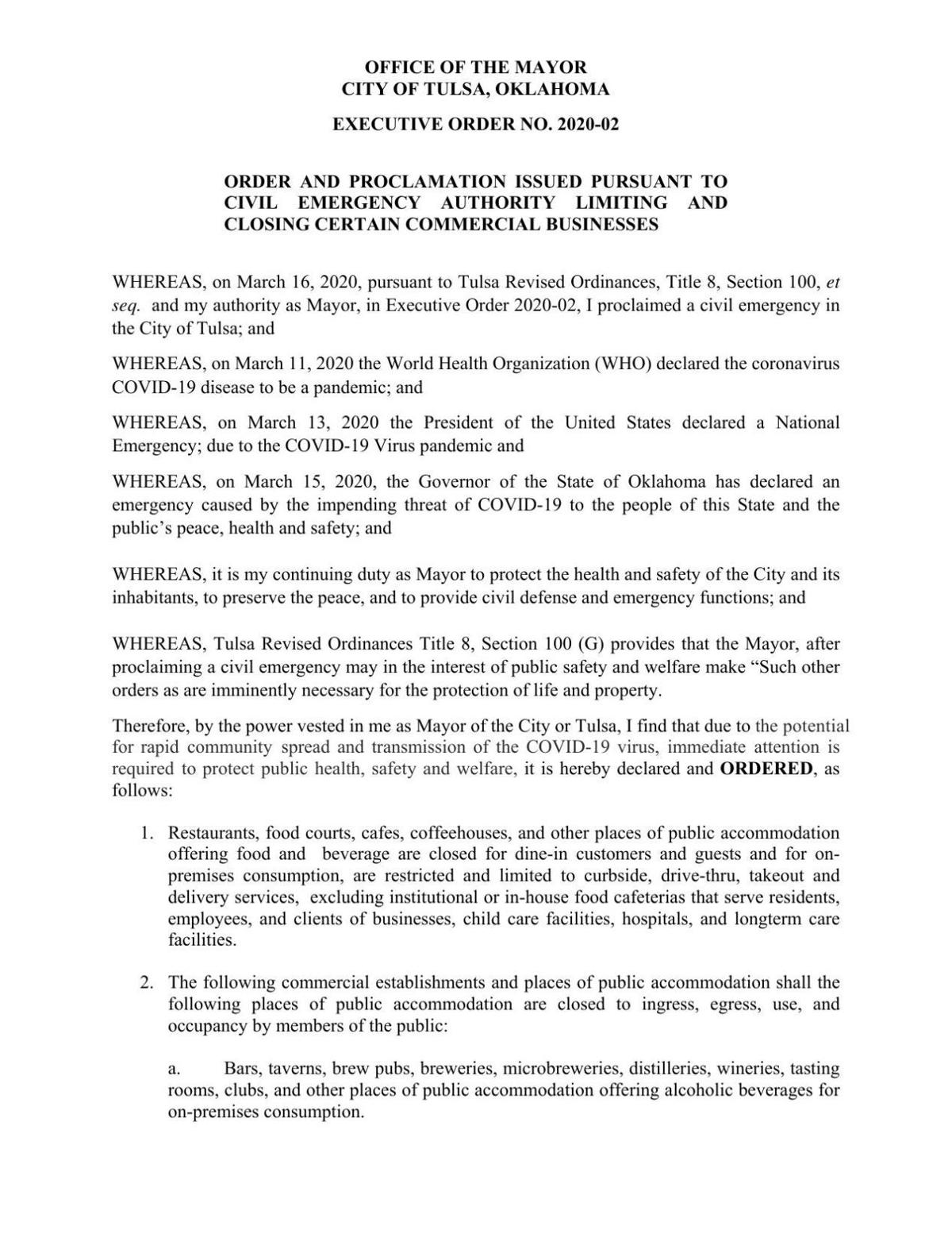 Document Executive Order Closing Tulsa Restaurants Bars Etc Tulsaworld Com