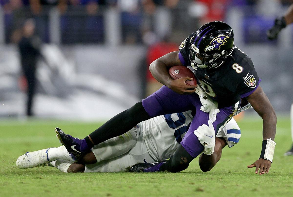 Lamar Jackson of the Baltimore Ravens rushes during the fourth quarter in a game against the Indianapolis Colts at M&T Bank Stadium on October 11, 2021 in Baltimore, Maryland.