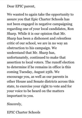 Epic's August 2020 e-mail to parents targeting then-State Sen. Ron Sharp, R-Shawnee