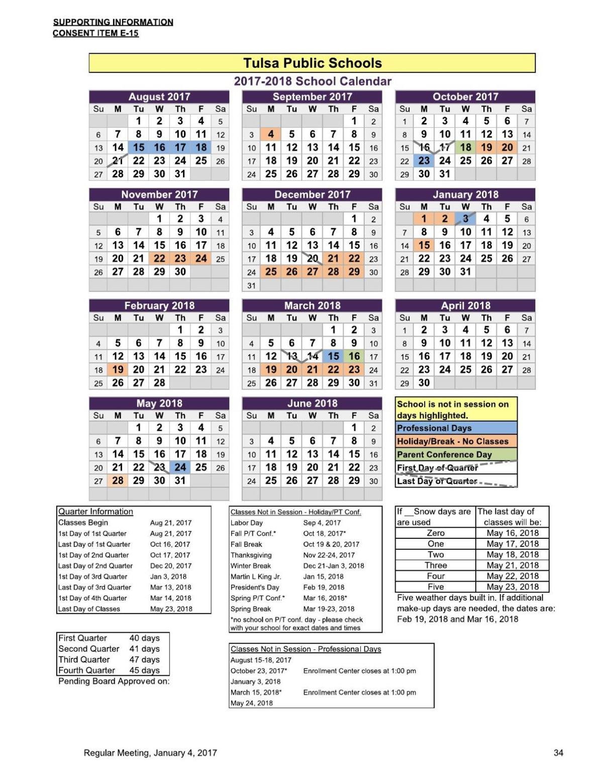 Document: Proposed 2017-18 calendar for Tulsa Public Schools