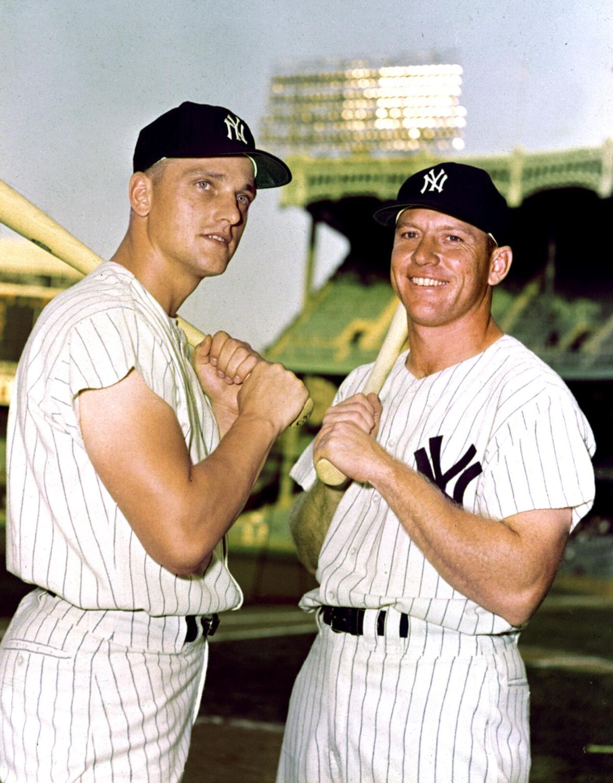 Roger Maris poses with Mickey Mantle in their NY Yankee's uniforms