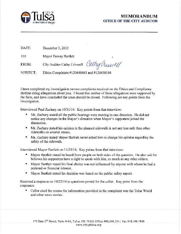 Read The City Auditor's Letter Clearing Mayor Bartlett Of Ethics Violations