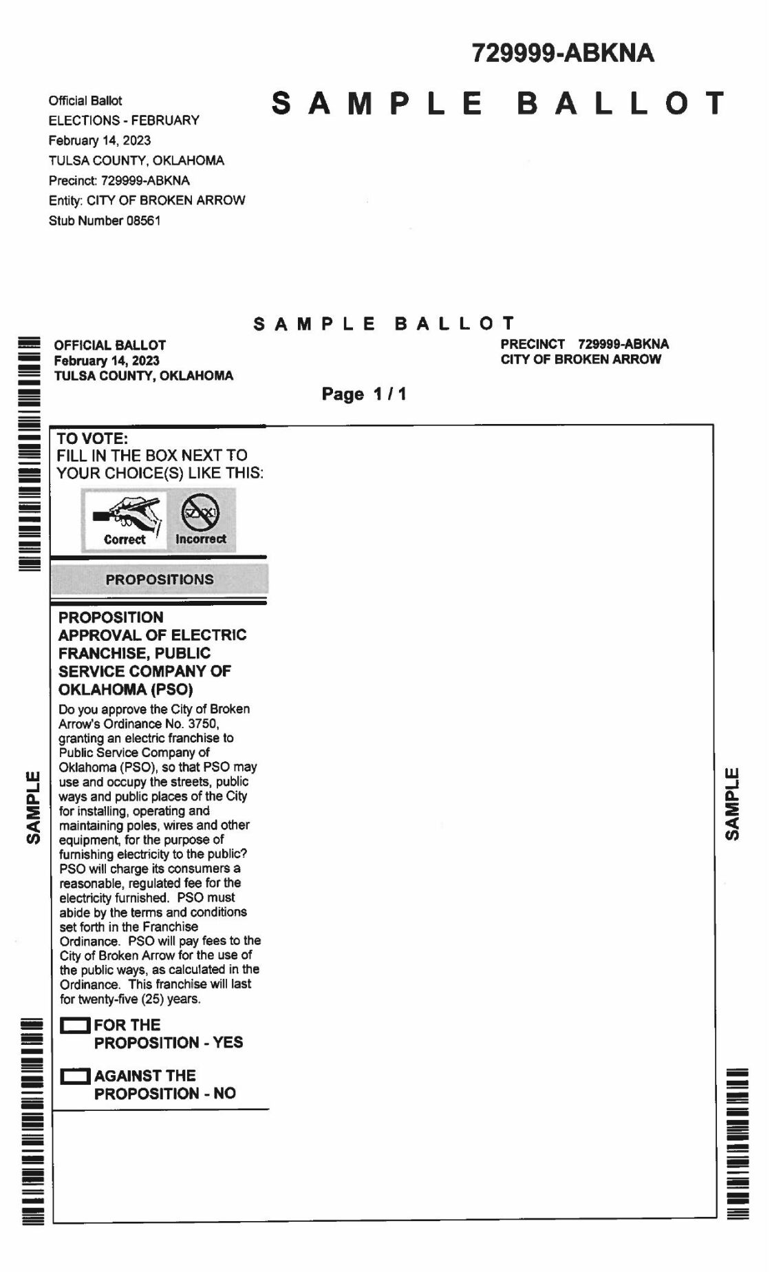 Sample ballot for Broken Arrow vote on PSO franchise agreement