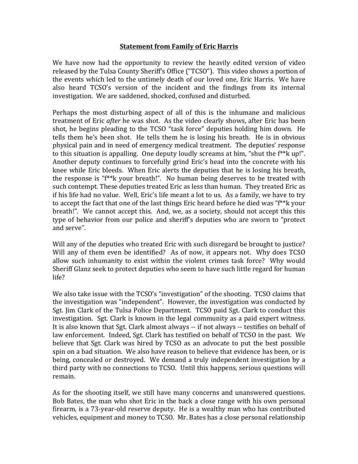 Statement by family of Eric Harris