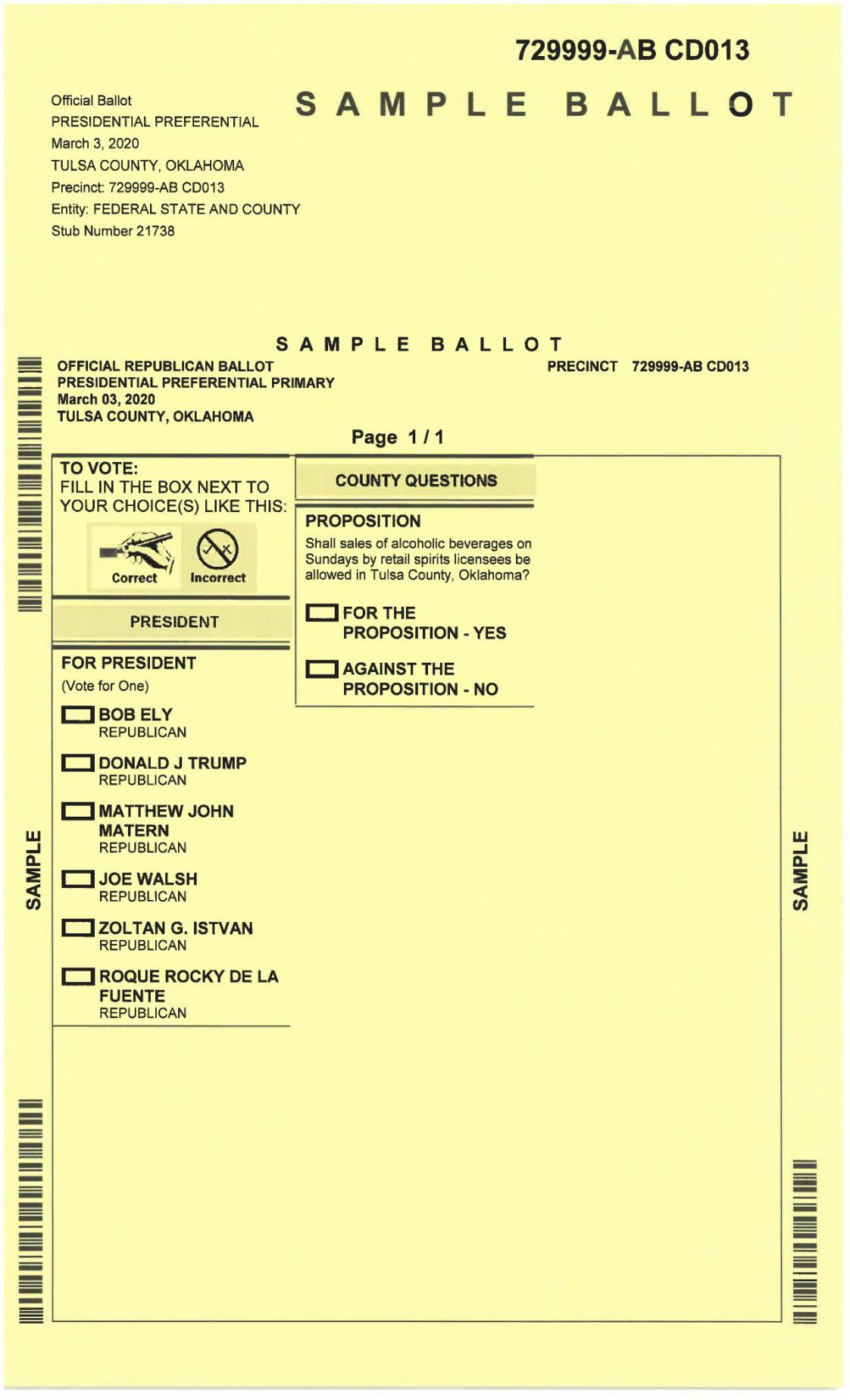2020 Oklahoma Presidential Primary Ballot Republican