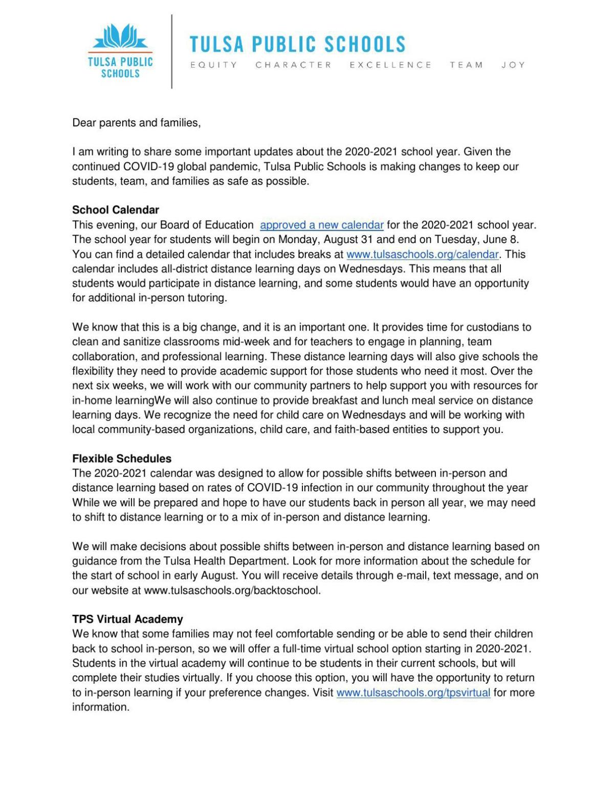 Tps Letter To Parents About School Calendar Tulsaworld Com Tps Letter To Parents About School Calendar Tulsaworld Com