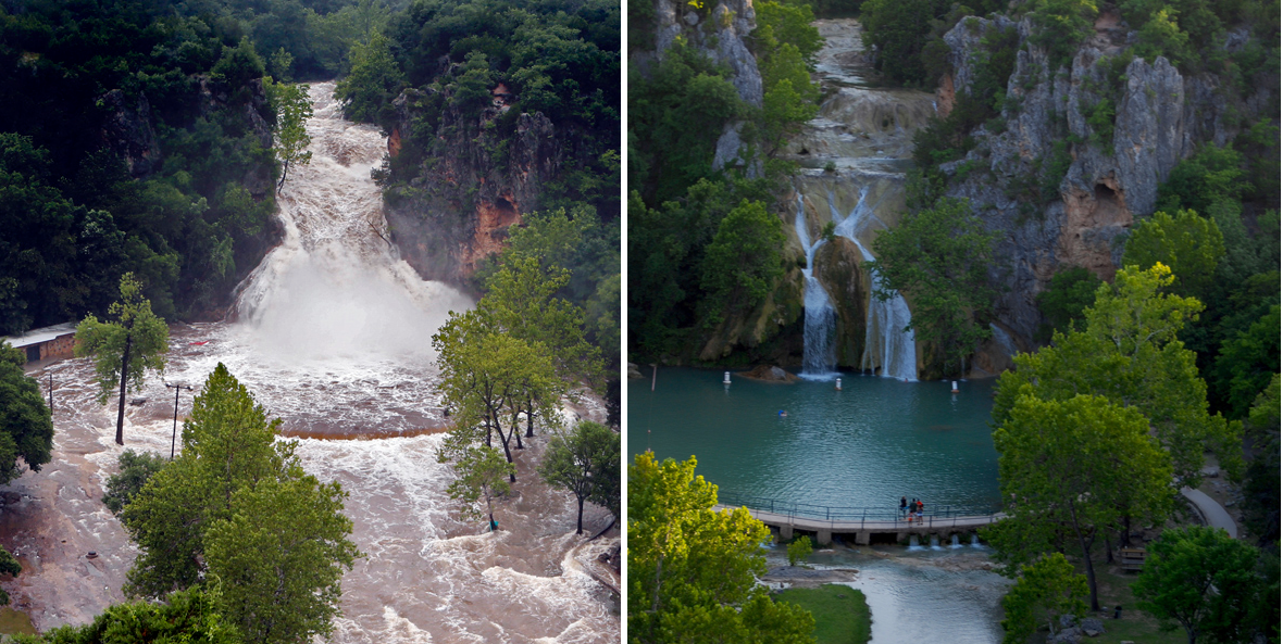 Oklahoma flooding Before and after photo of Turner Falls Weather