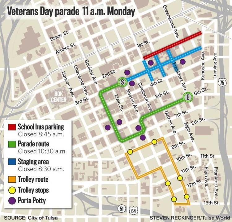 See the Tulsa Veterans Day Parade route. The parade starts at 11 a.m.