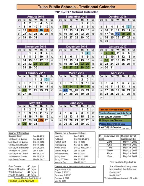Tulsa Public Schools' revised 2016-17 academic year calendar Tulsa Public Schools' revised 2016-17 academic year calendar
