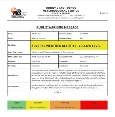 ADVERSE WEATHER ALERT #1 - YELLOW LEVEL NOW IN EFFECT FOR T&T | Local ...