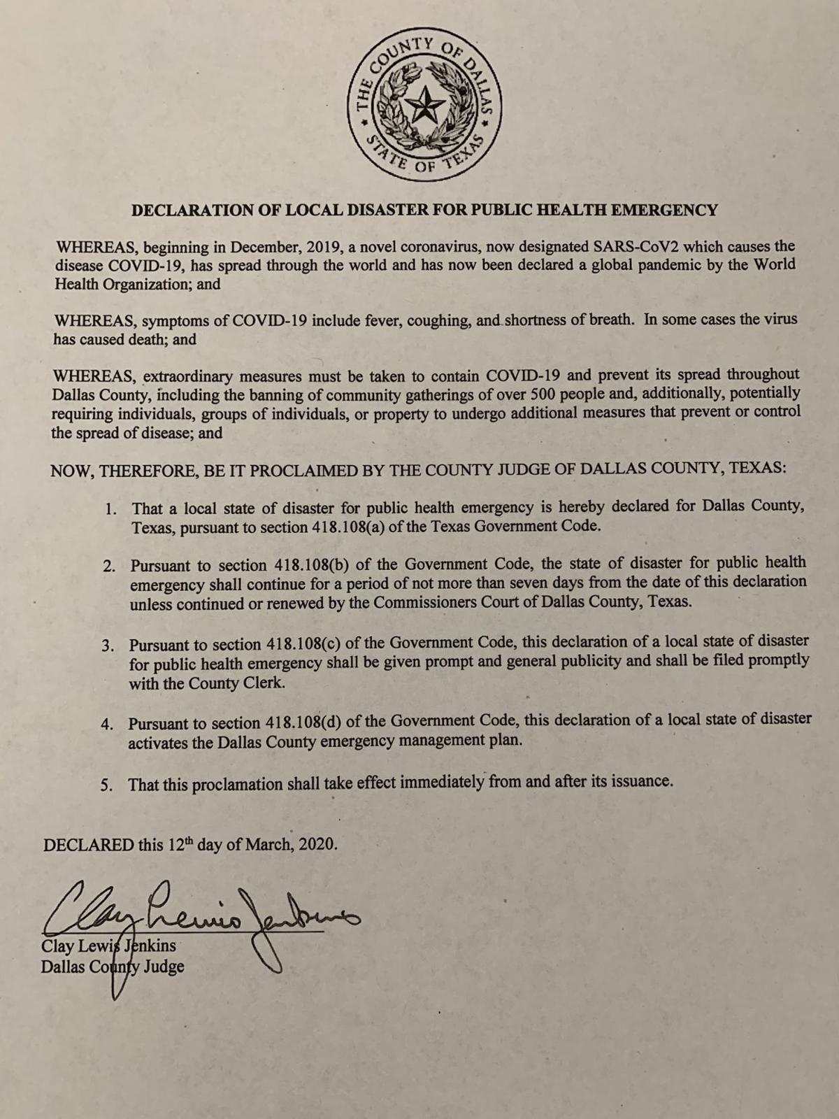Dallas County Declares State Of Emergency 5 Additional Covid 19 Cases 1 Believed Community Spread Local News Tylerpaper Com