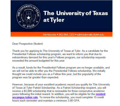 scholarship ride letter offer tyler students international ut tylerpaper
