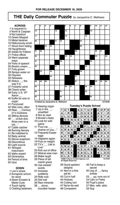 Dec 16 Crossword Crosswords Union Bulletin Com