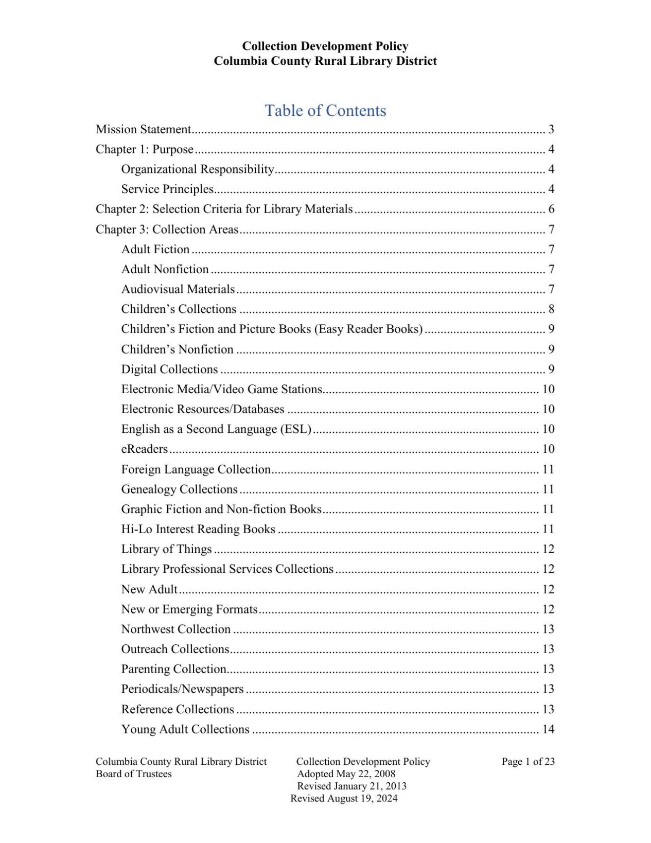 Collection Development Policy Book Columbia County Rural Library District board updates collection ...