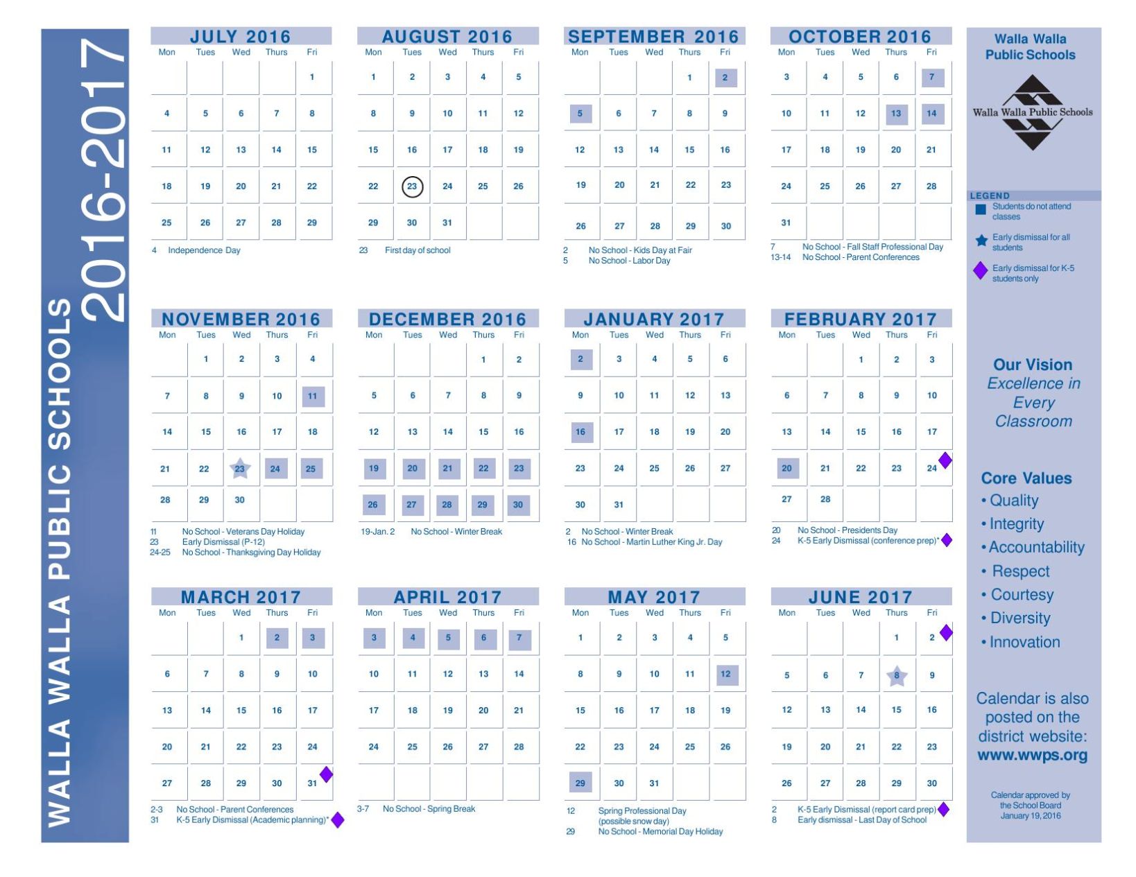 Walla Walla Public Schools Calendar 2016 17 Walla Walla Union Walla Walla Public Schools Calendar 2016 17 Walla Walla Union
