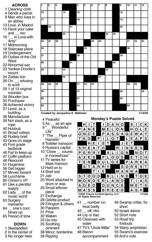 Jan 14 Crossword Crosswords Union Bulletin Com