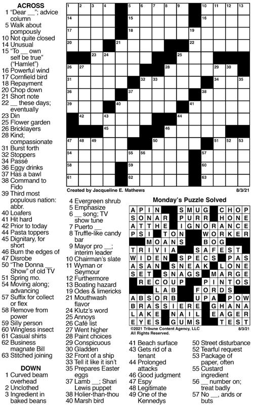 Aug 3 crossword | Crosswords | union-bulletin.com