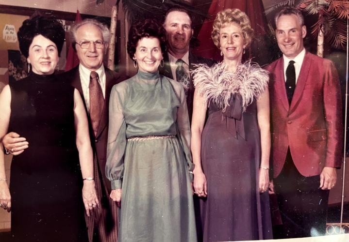 4a Geraine's From right, Jim and Geraine Hansen. She's wearing a purple dress with feathered neckline is with L to R, Florence and Mel Buttice (Walla Walla), Edna and Rod Thomas (Prescott).jpg