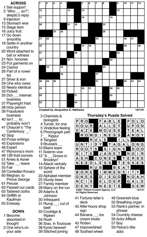 Oct 1 crossword | Crosswords | union-bulletin.com