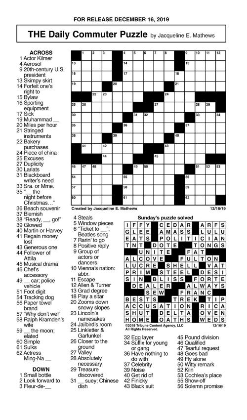 Dec 16 Crossword Crosswords Union Bulletin Com