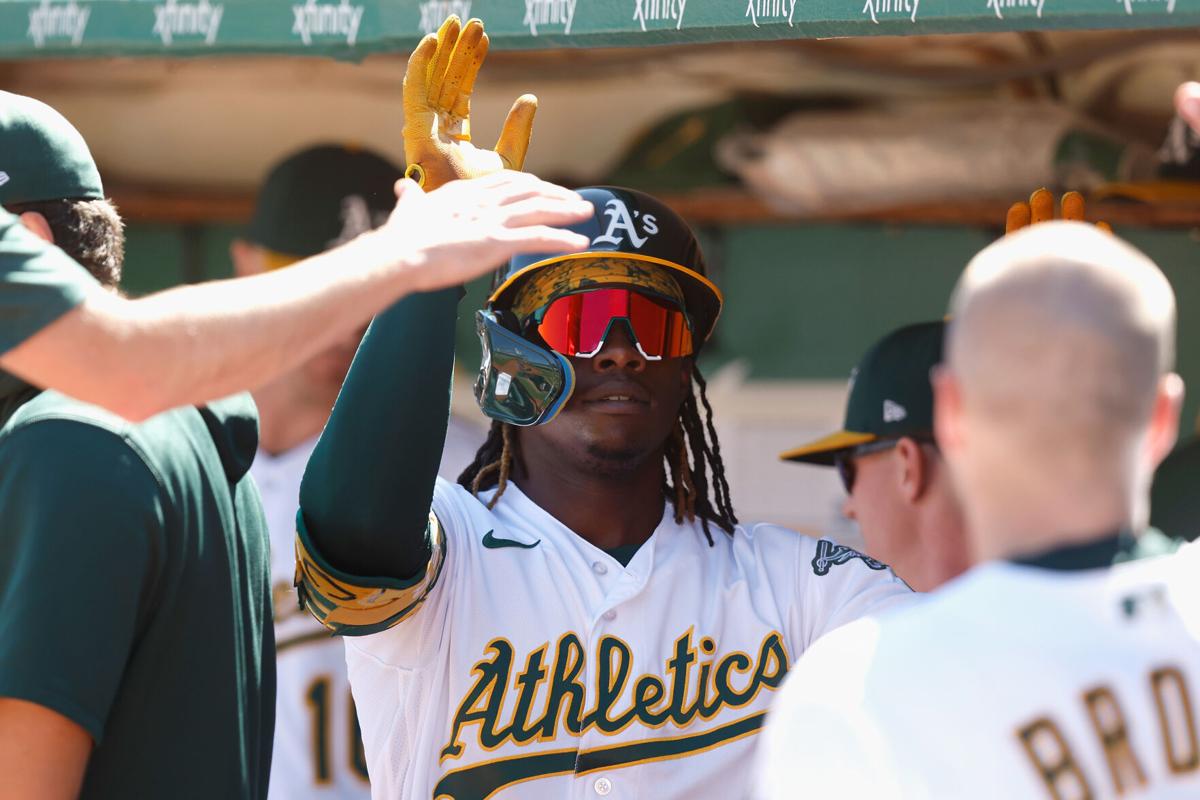 Jordan Diaz of the Oakland Athletics celebrates a home run against News  Photo - Getty Images