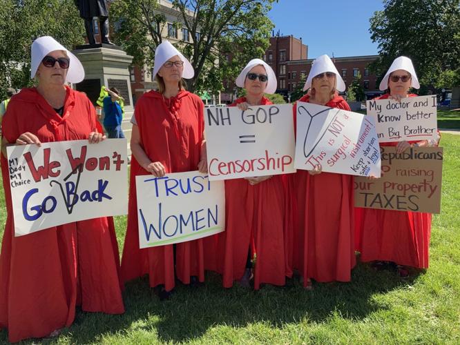 "Handmaids" protest state budget at the State House on June 24
