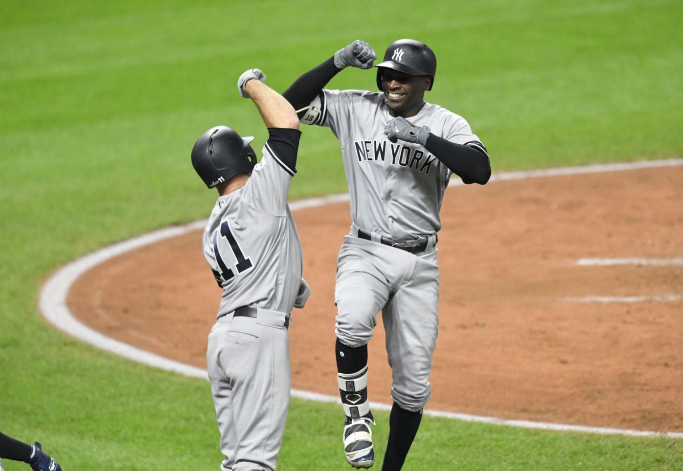 New York Yankees Didi Gregorius hits his first home run of the