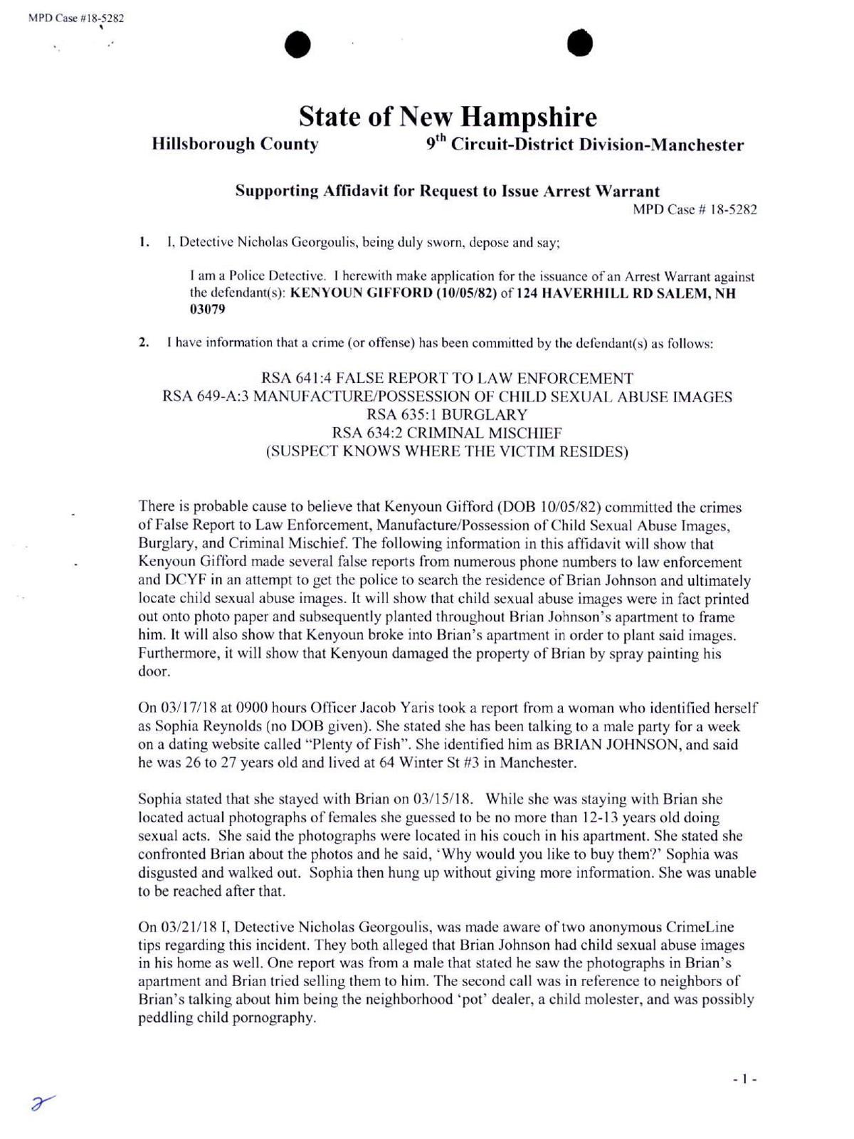 Police affidavit for arrest warrant