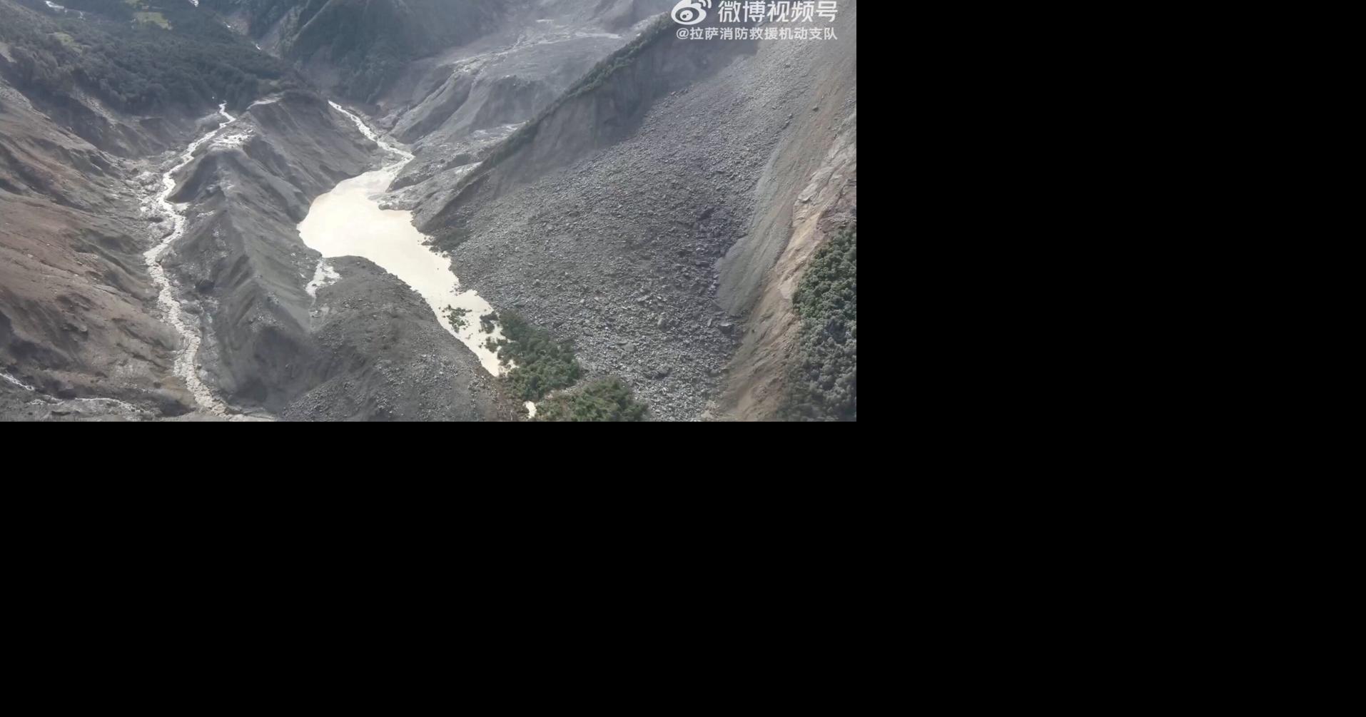A drone view shows a barrier lake formed following a mudslide, in the border area between the Tibet Autonomous Region, China