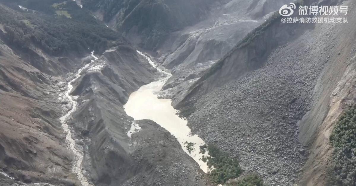 Photo: unionleader.com A drone view shows a barrier lake formed following a mudslide, in the border area between the Tibet Autonomous Region, China