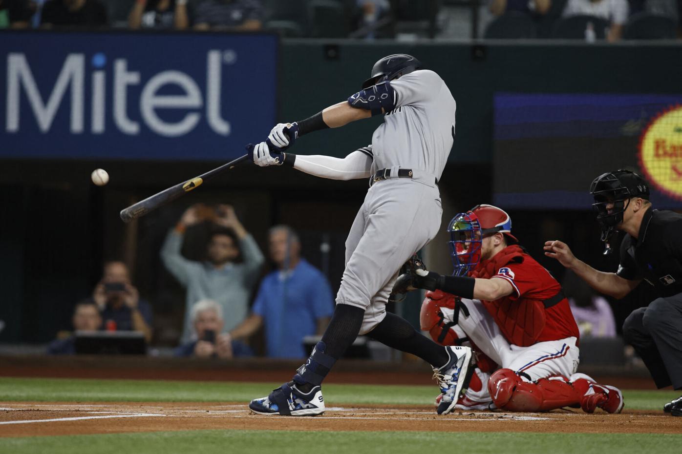 Aaron Judge going for home run No. 62 against Texas Rangers