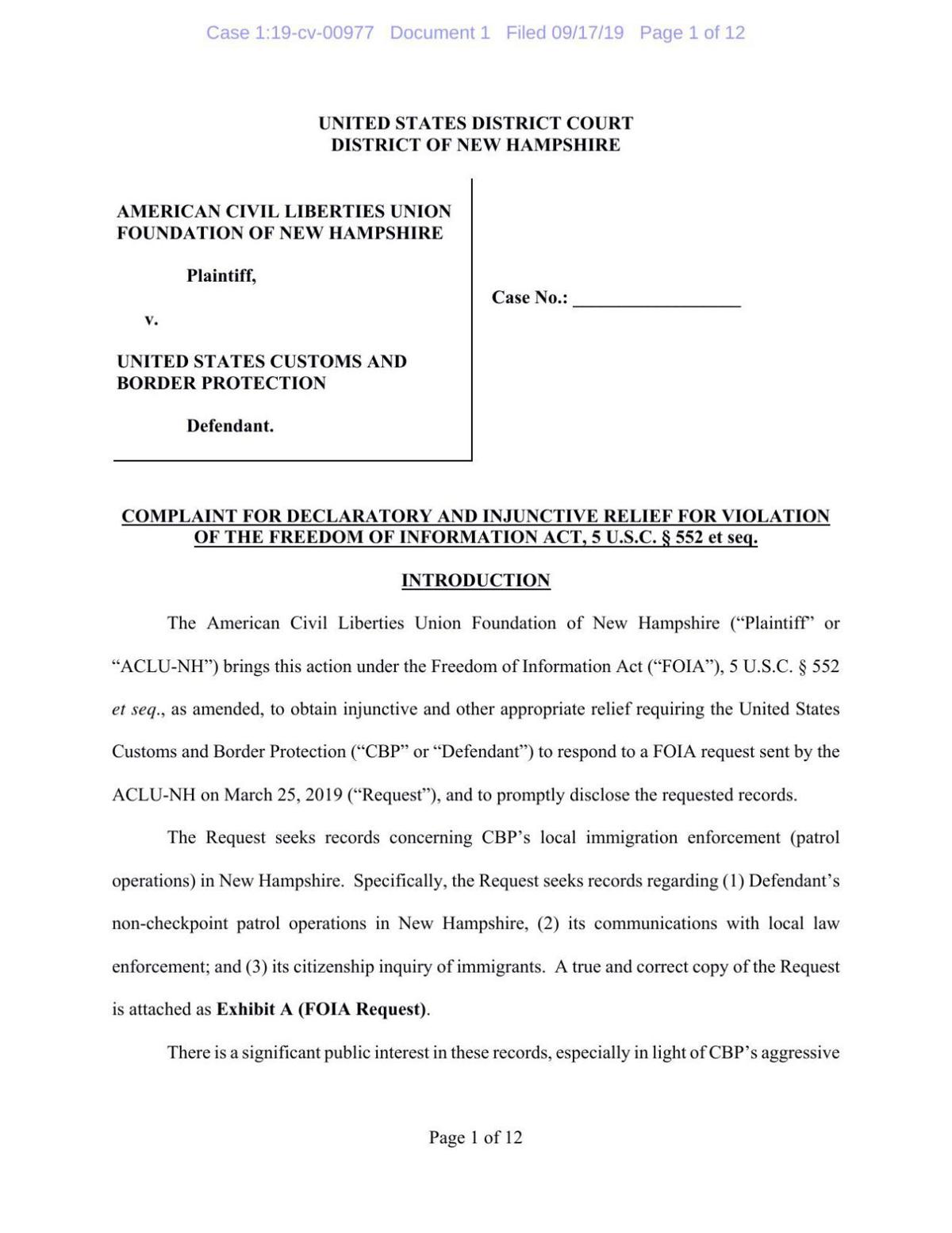 Nh Aclu Files Lawsuit For Information On Immigration Enforcement