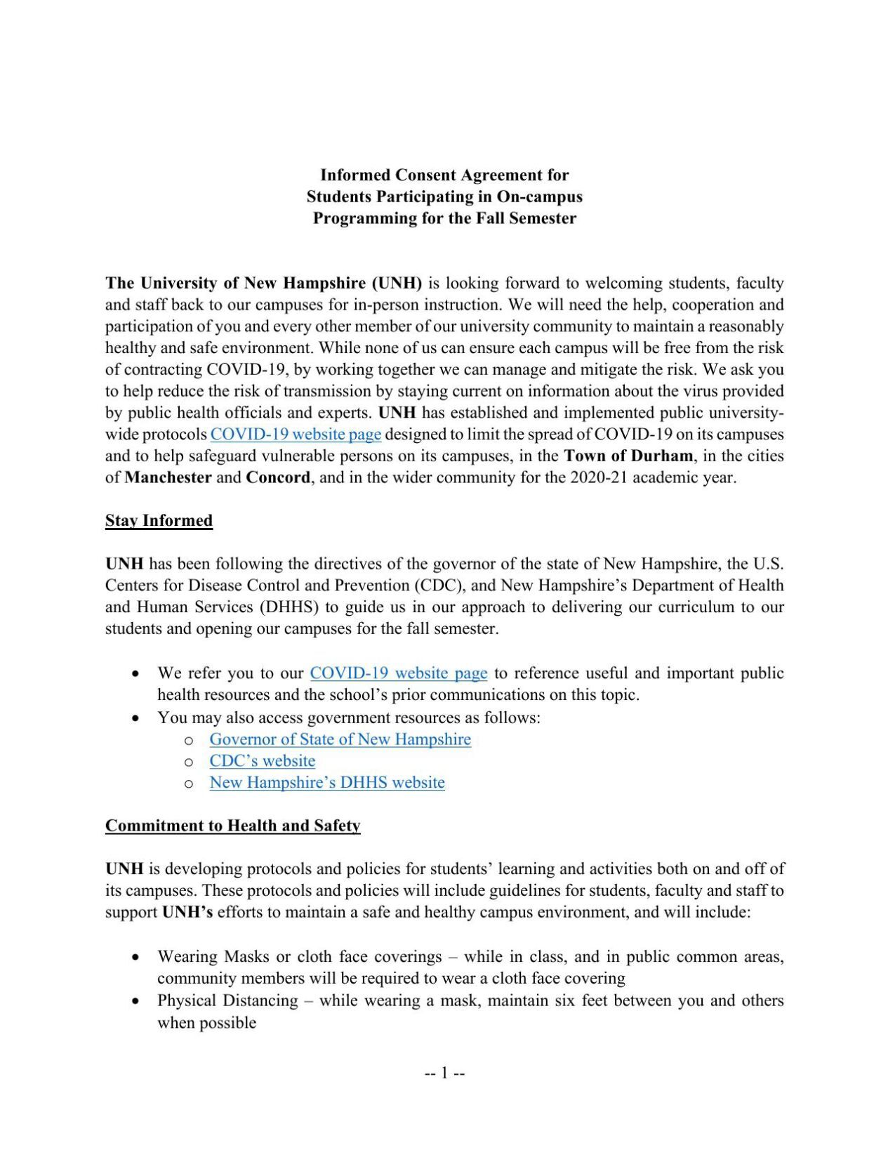 Informed Consent Agreement for Students Participating in On-campus ...