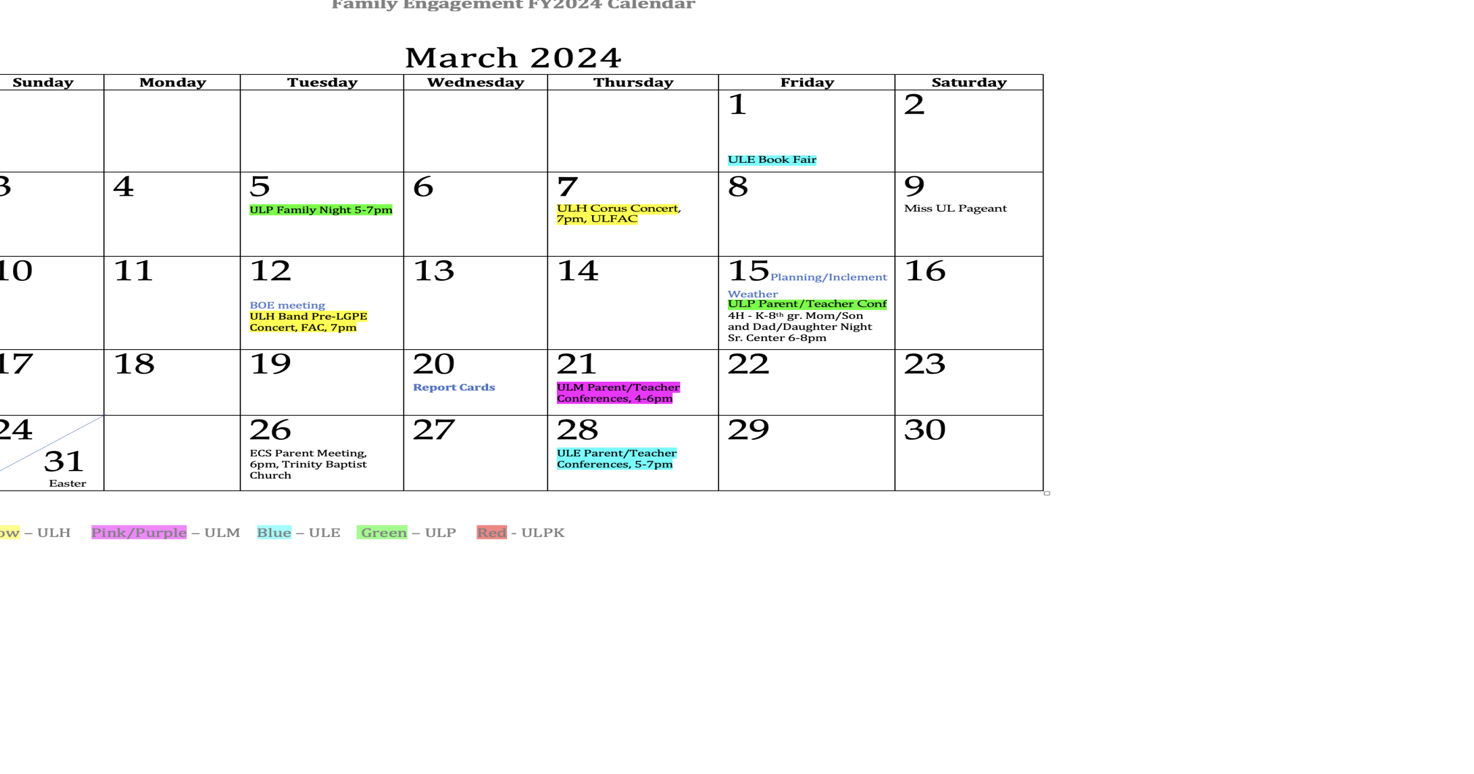 March UpsonLee Family Engagement Calendar School