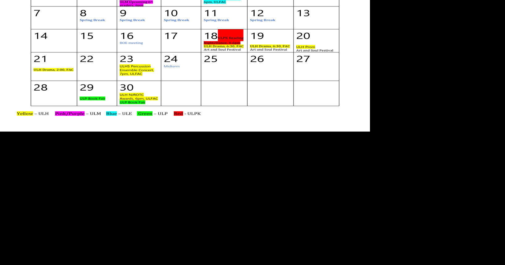 UpsonLee April Family Engagement Calendar School