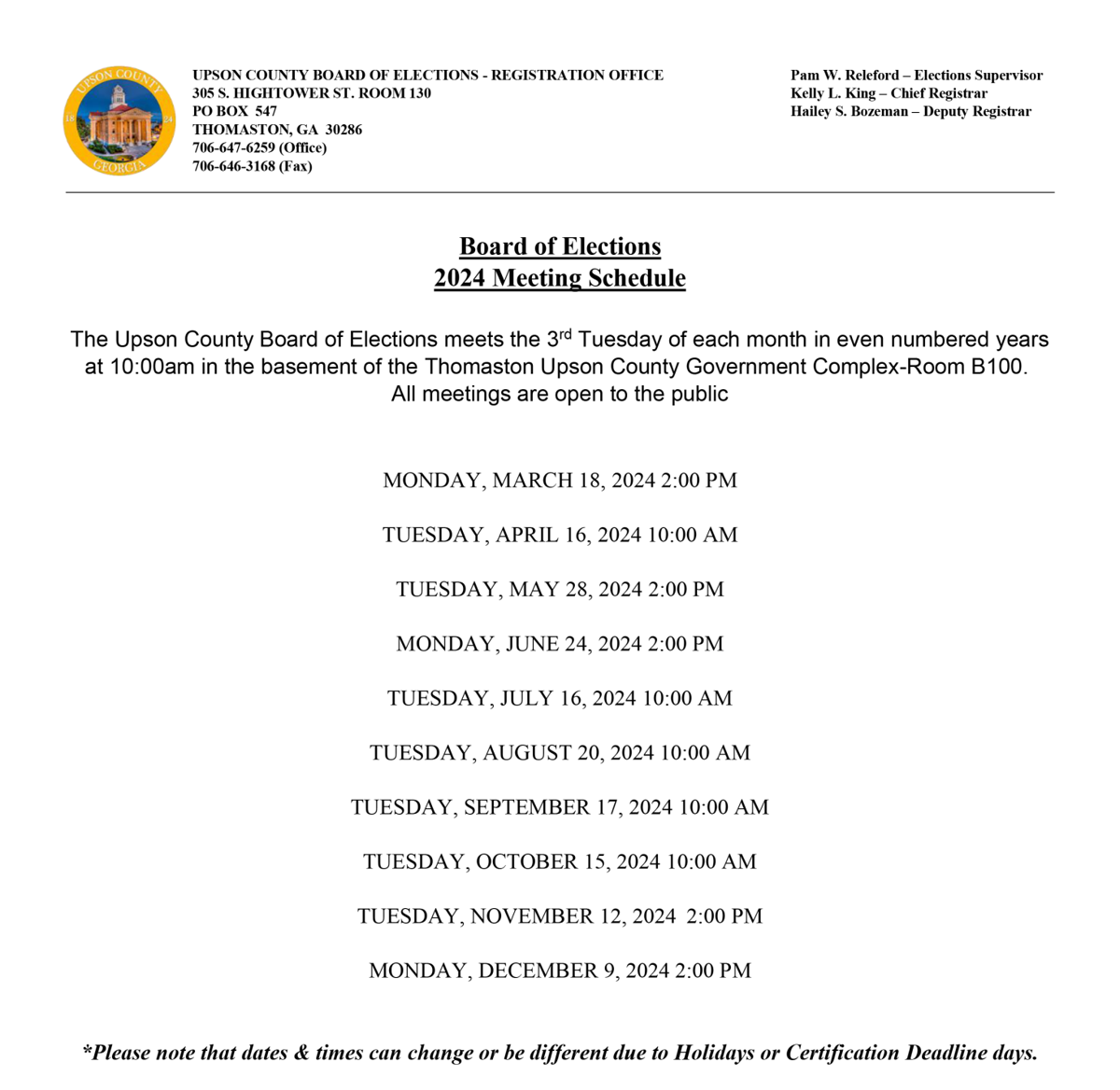 Upson County Board of Elections 2024 Meeting Schedule | Meetings \u0026 Events |  upsonbeacon.com, image size:1200x1168