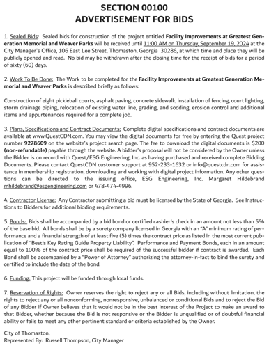 CITY OF THOMASTON - ADVERTISEMENT FOR BIDS - FACILITY IMPROVEMENTS AT ...