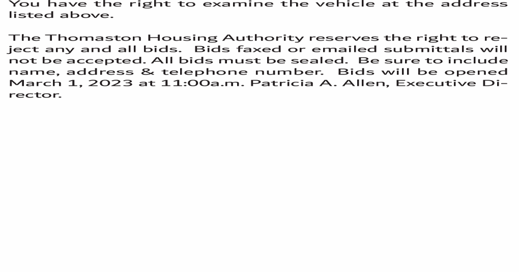 Request for Sealed Bids Sale of Vehicle Thomaston Housing Authority