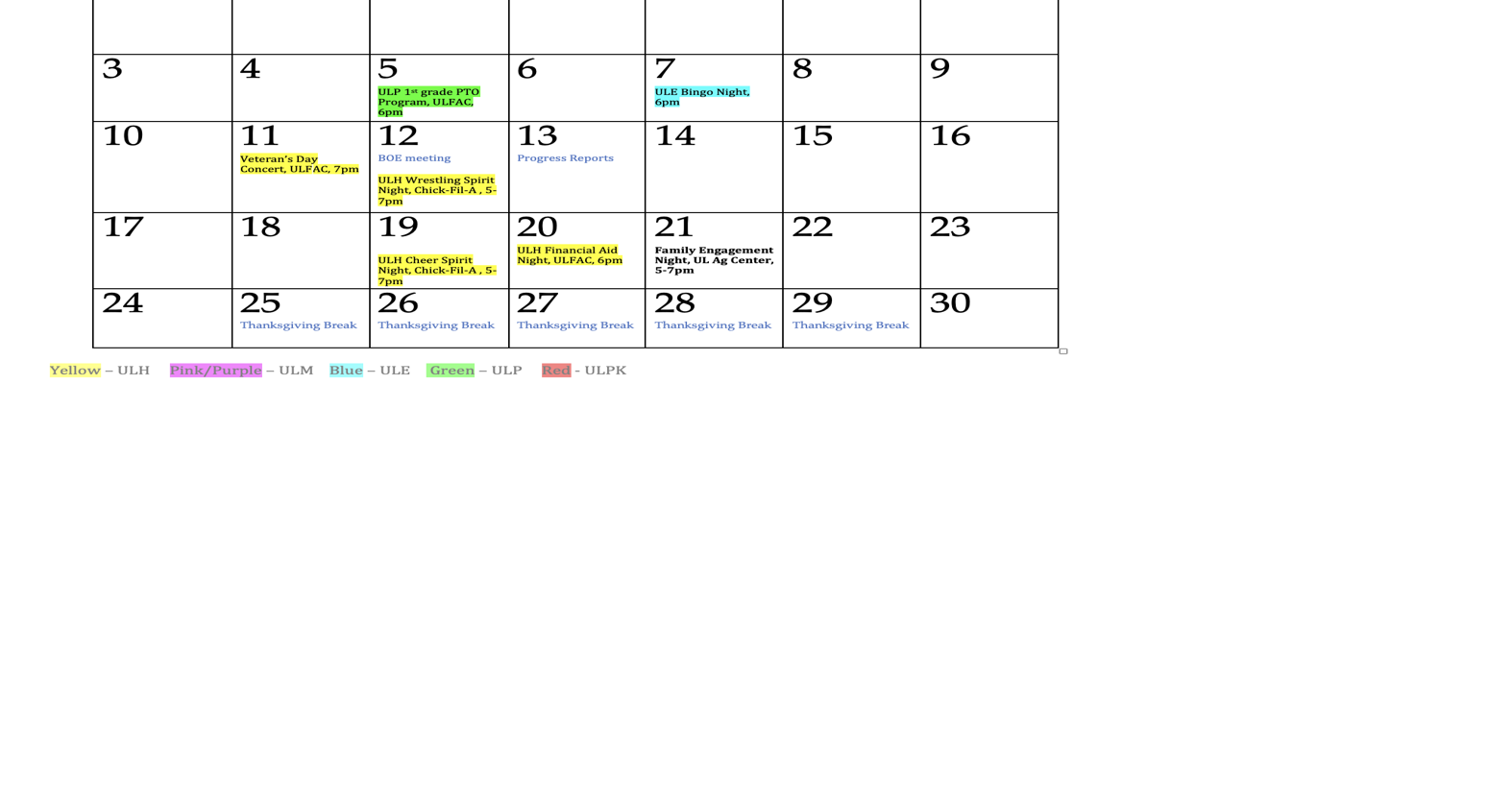 UpsonLee November Family Engagement Calendar School