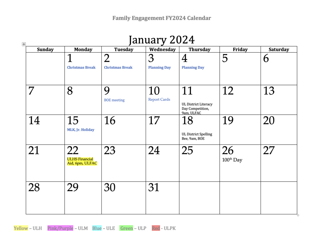 UpsonLee January Family Engagement Calendar Meetings & Events