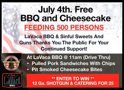 LaVaca BBQ and Sinful Sweets and Guns to provide free meals on July 4