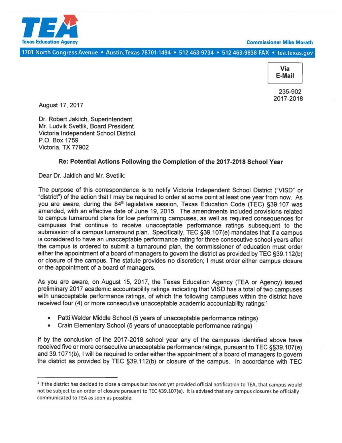 Texas Education Agency Warning Letter To Victoria School
