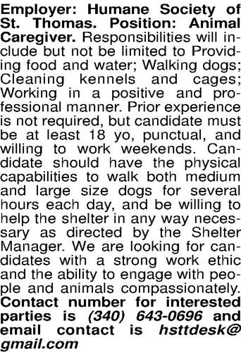 Employer: Humane Society of St. Thomas. Position: Animal Caregiver ...
