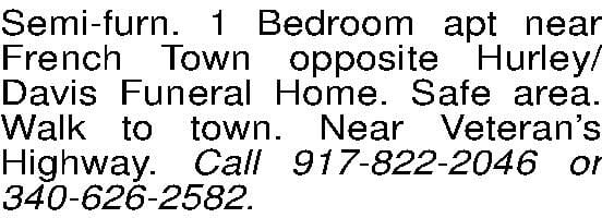Semi-furn. 1 Bedroom apt near French Town opposite Hurley/Davis Funeral