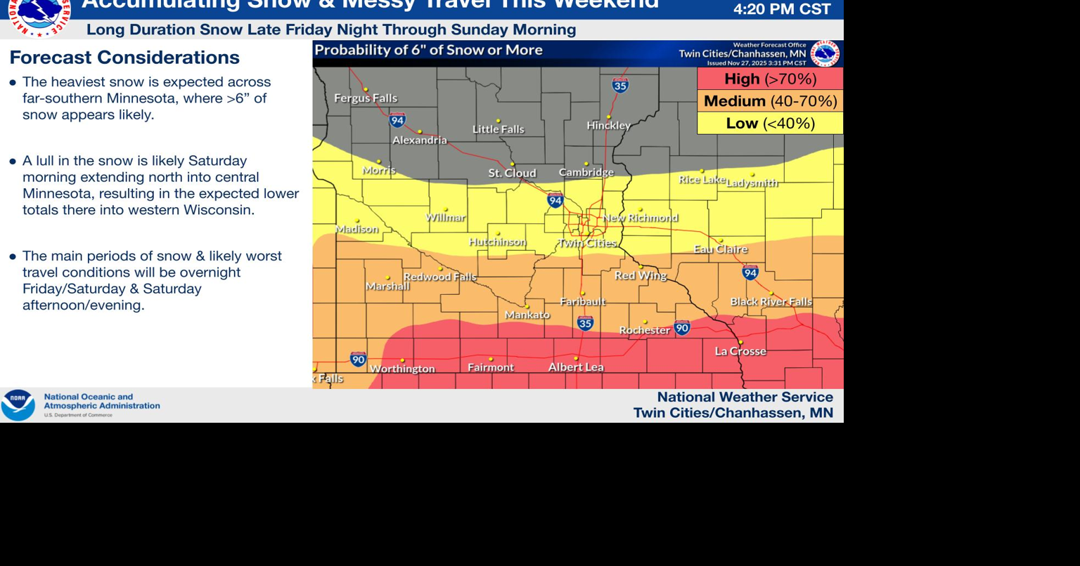 Parts of Minnesota could see 6 inches or more of snow through Saturday evening